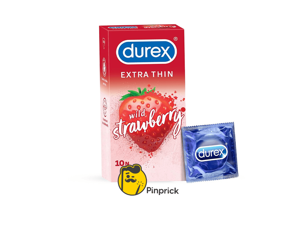 واقي ديوركس نكهة الفراولة وطرف مُقلّم durex extra thin strawberry condom - رقيق جدا لمتعة أعلى - 10 قطع | ®Durex