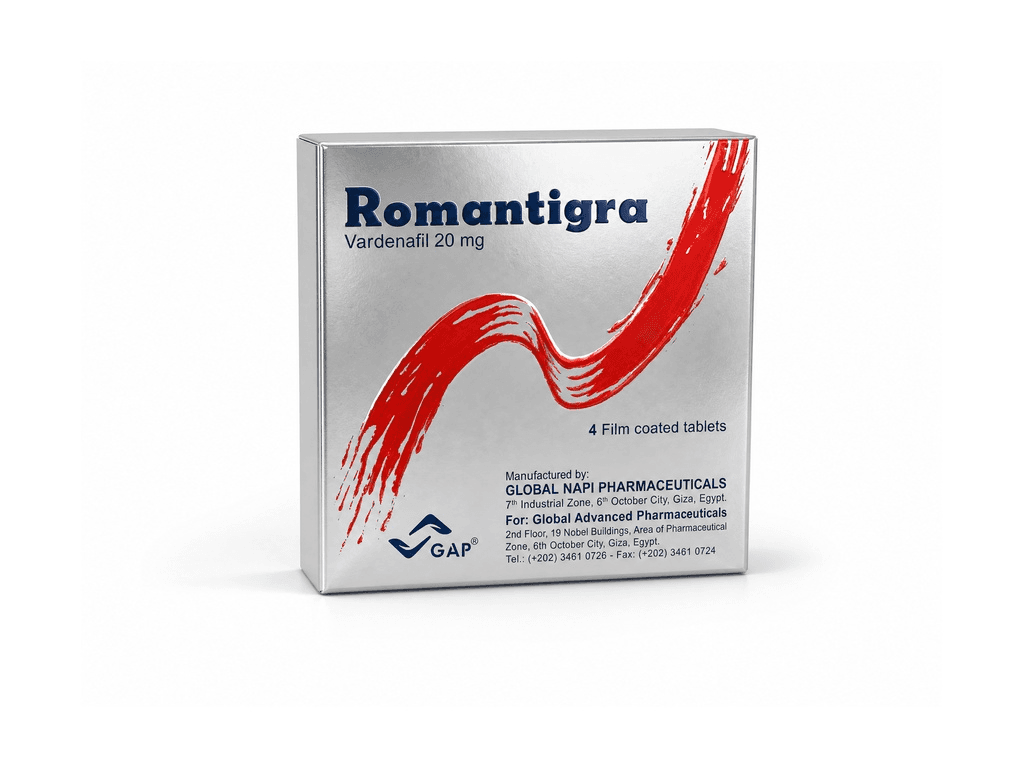 رومانتيجرا ROMANTIGRA 20mg | أقراص فاردينافيل المغلفة لعلاج ضعف الانتصاب – 8 أقراص